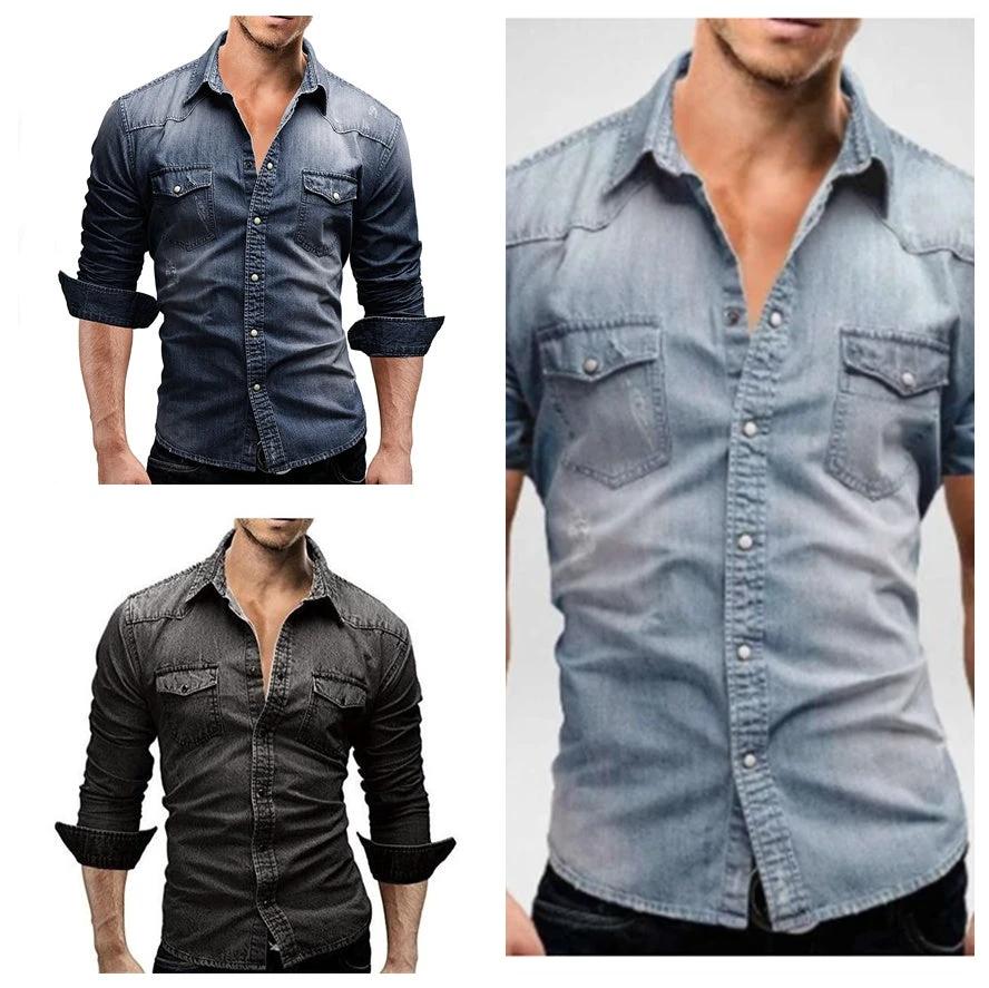 Men's Denim Long Sleeve Shirts Slim Fit by GJG Denim