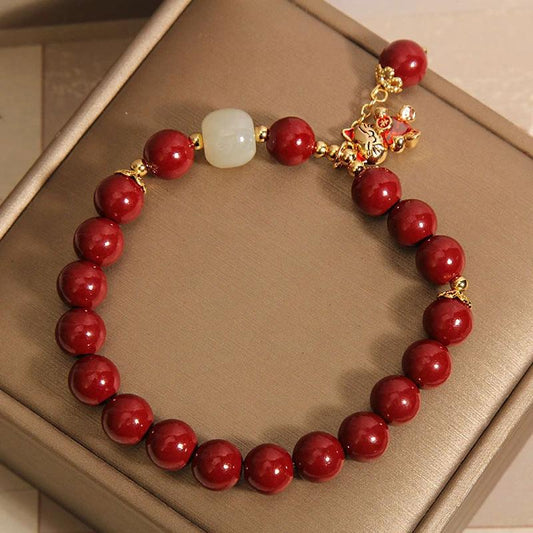 Cinnabar Beaded Lucky Cat Pendant Bracelet by GJG Denim