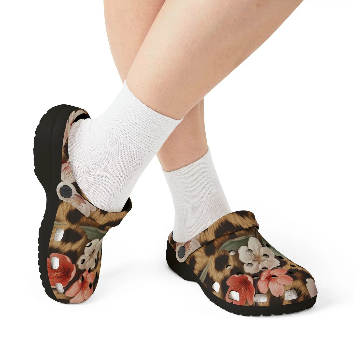 Floral Leopard Print Clogs — EVA Foam Garden Shoes by Printify