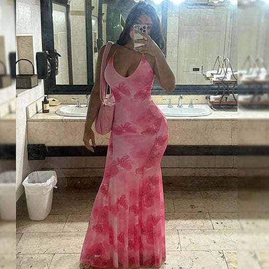 Casual Printed Backless Sling Slim Fishtail Length Dress by GJG Denim