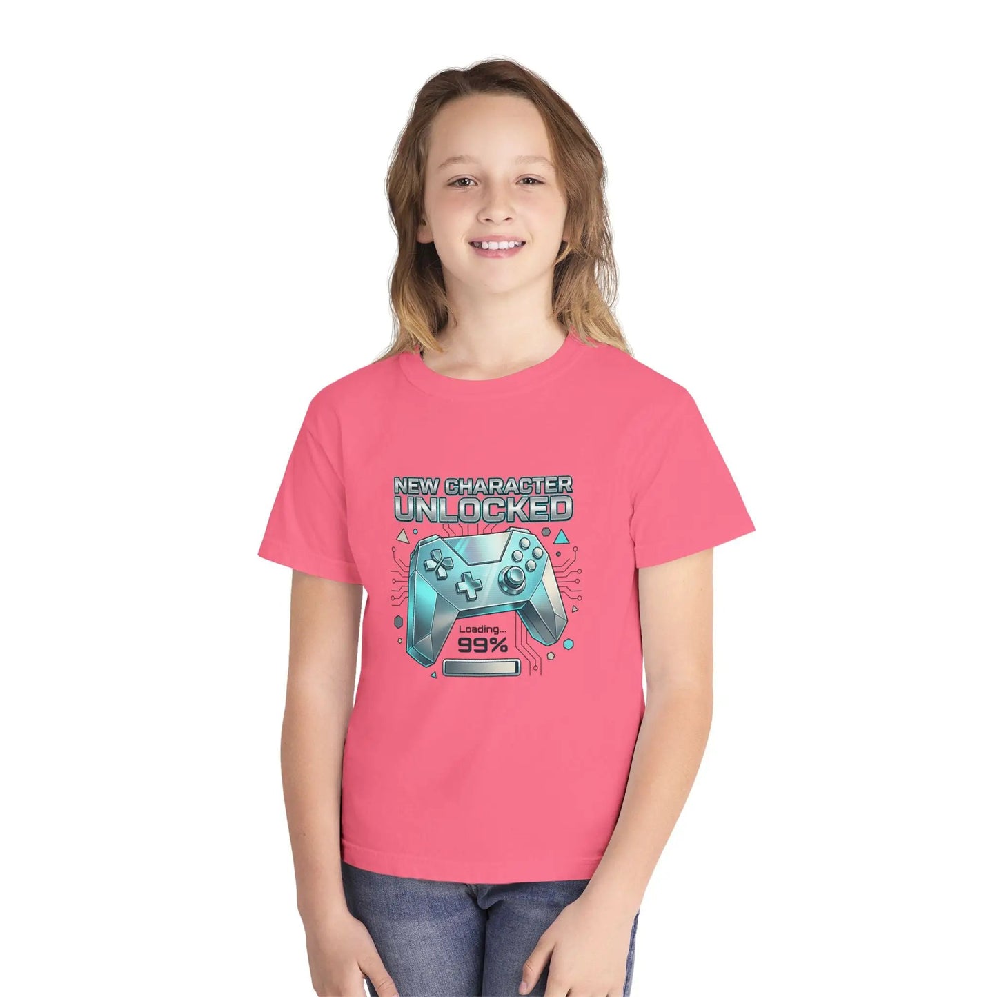 Youth Gaming Tee - "New Character Unlocked" Controller Design (Loading 99%) by Printify