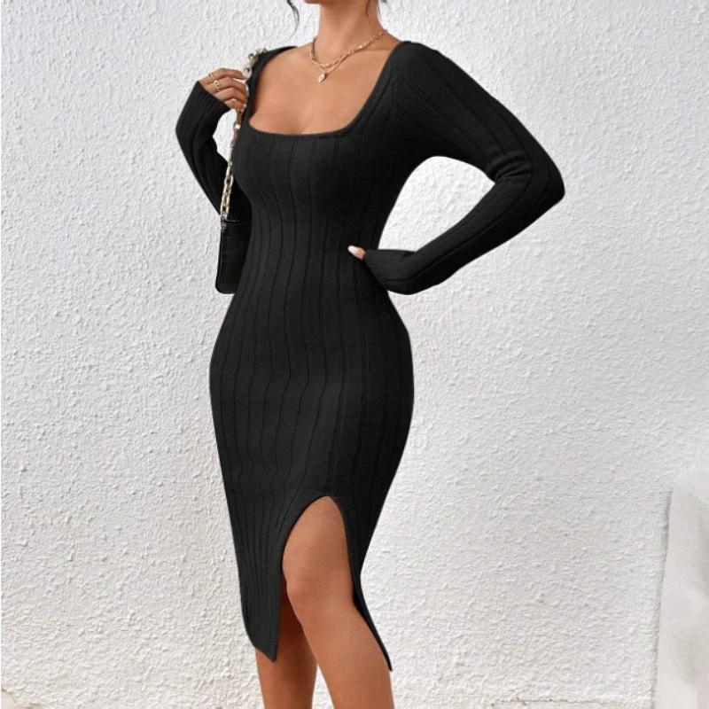 Square Collar Long Sleeve Knitted Dress Women by GJG Denim