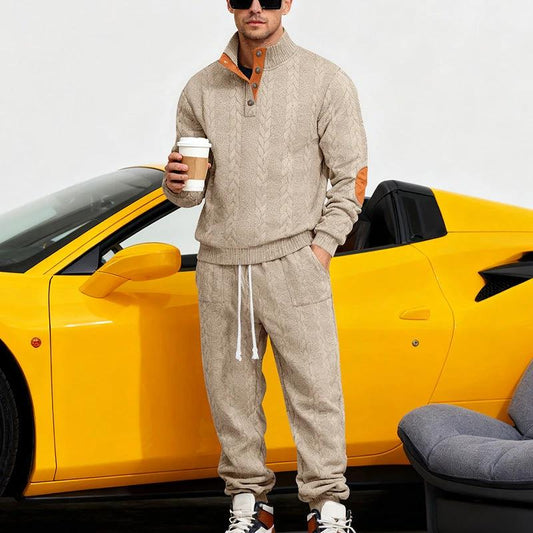 Men's Loose Stand Collar Henley Sweatshirt Casual Pants Set by GJG Denim
