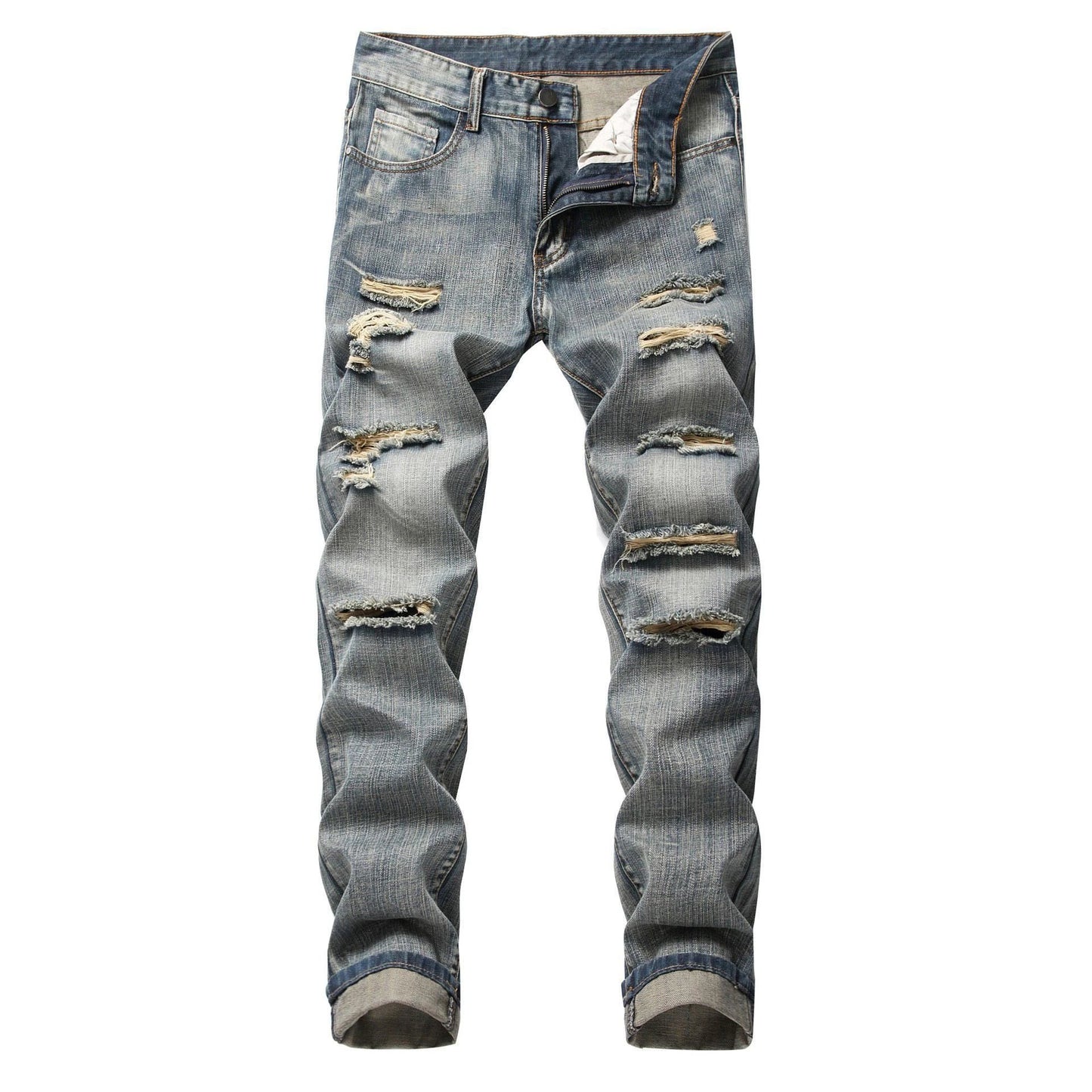 Men's Ripped Straight Slim Fit Non-stretch Jeans by GJG Denim