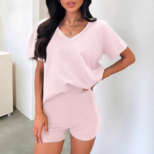 V-neck Fashion Solid Color Casual Fashion Shorts Suit Women by GJG Denim