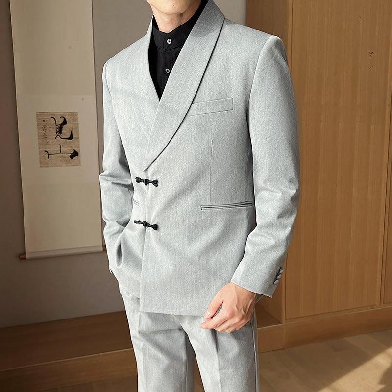Men's Retro Solid Color Collar Two-piece Suit by GJG Denim