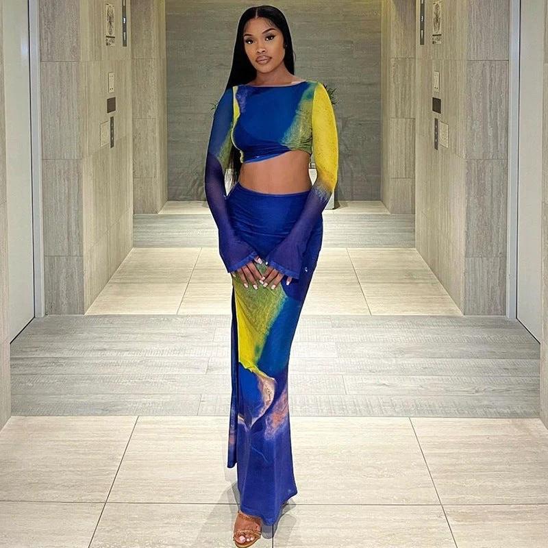 Printed Long Bell Sleeve top and long Skirt Set by GJG Denim