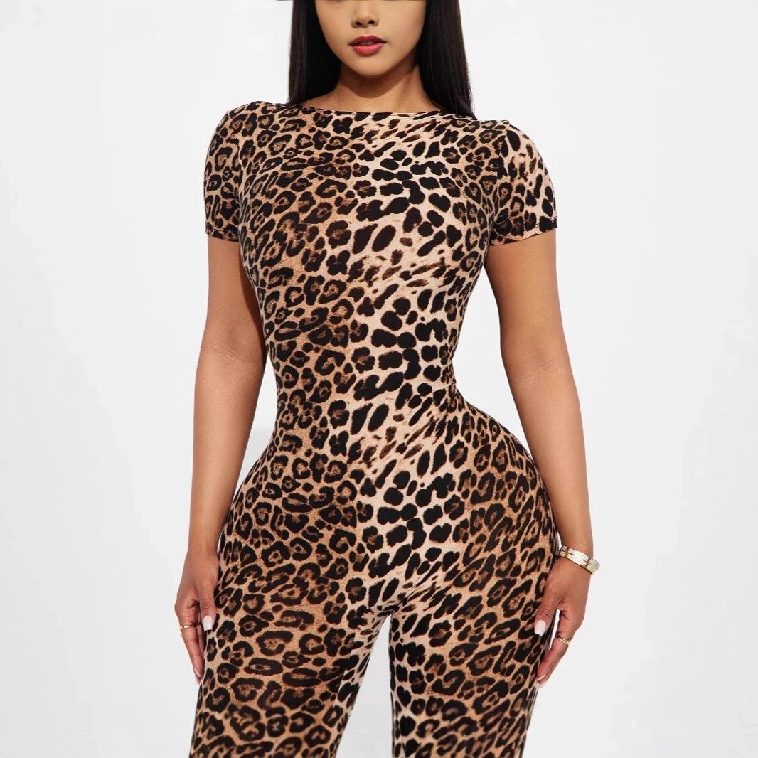 Stretchy Leopard-Print Short-Sleeve Backless Jumpsuit by GJG Denim