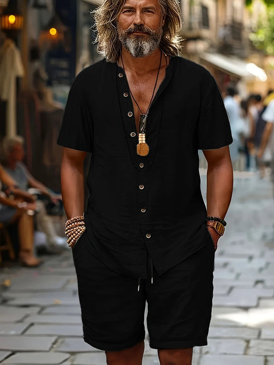 Cotton-linen Short-sleeve Shirt And Loose-fitting Shorts Two-piece Set For Men by GJG Denim
