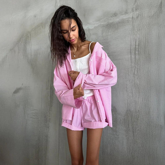 Plaid Long-Sleeve Shorts Pajama Set by GJG Denim