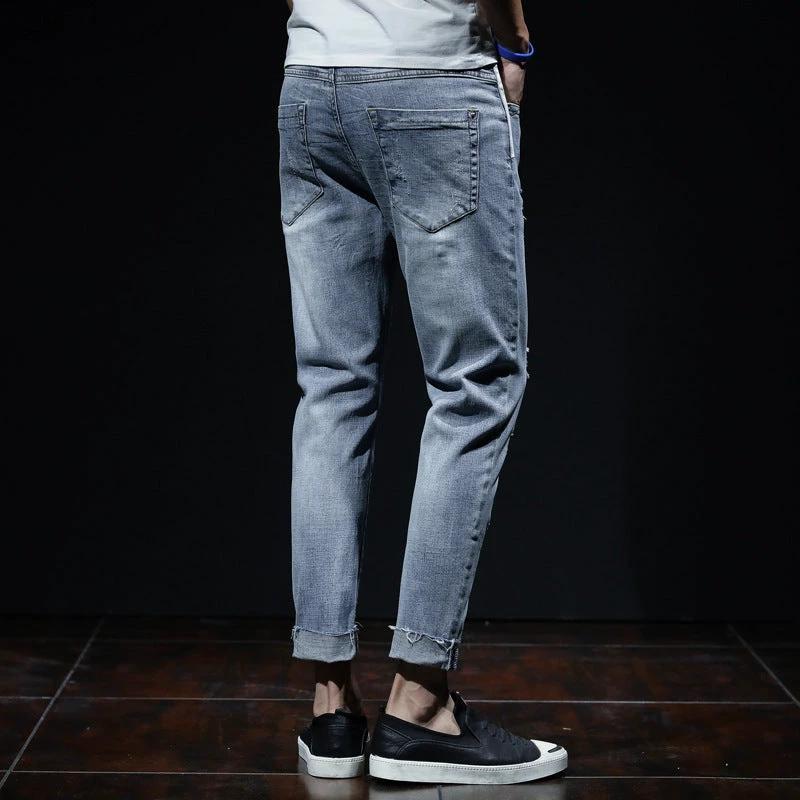 Men's Ripped Elastic Slim Straight Leg Jeans by GJG Denim