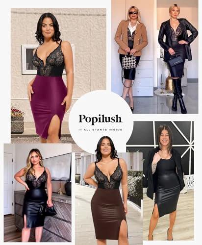 Popilush Shapewear Faux Leather Skirts with Built in Shapewear Tummy Control High Waist Midi Skirt with Shaper for Women by Lady Ros