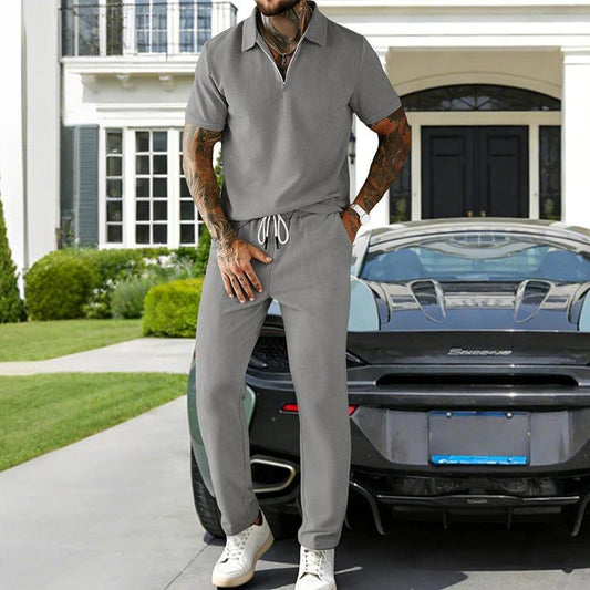 Men's Casual Corduroy Short-Sleeve Polo And Pants Set by GJG Denim
