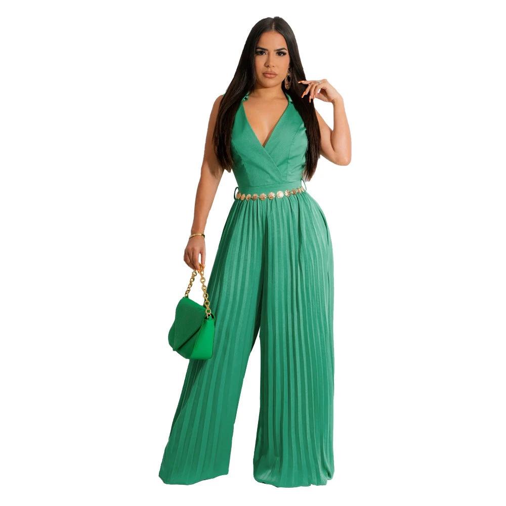 Cinched Pleated Loose Wide Leg Jumpsuit by GJG Denim