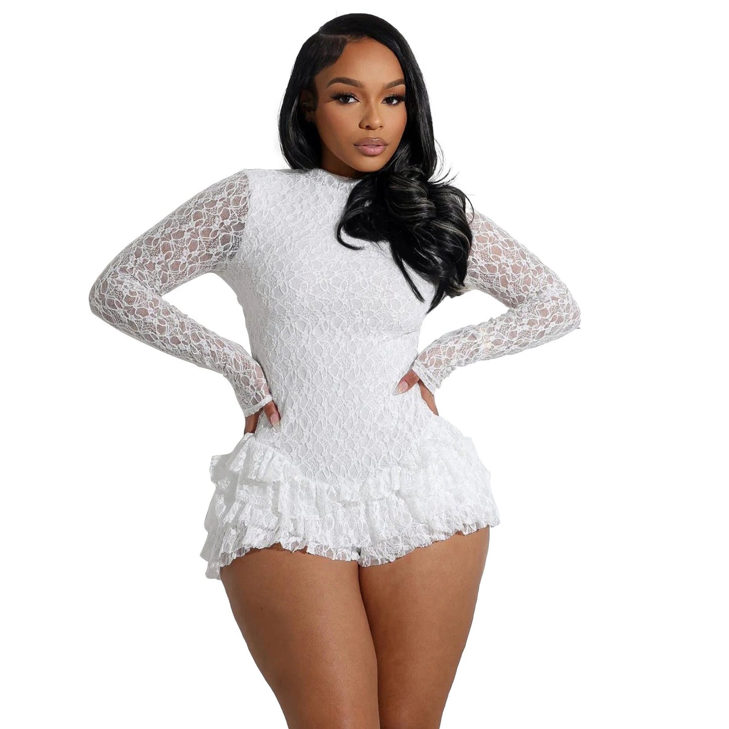 Women's Sexy Lace Long Sleeve Shorts Wooden Ear Backless Jumpsuit by GJG Denim