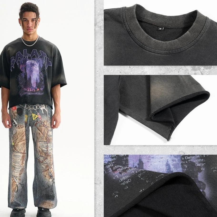 Terry Distressed T-shirt Men's High Street Loose Edge Washed-out Vintage by GJG Denim