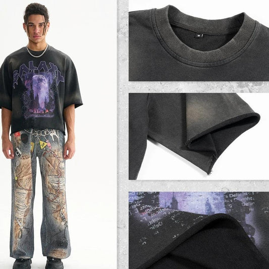 Terry Distressed T-shirt Men's High Street Loose Edge Washed-out Vintage by GJG Denim