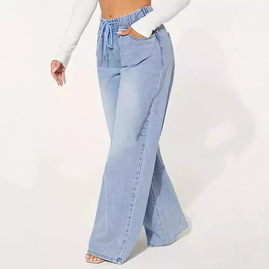 High Waist Drawstring Loose Wide Leg Light Blue Jeans by GJG Denim