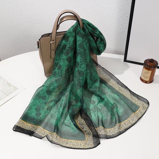 Full-patterned Flower Leopard-print Border Chiffon Soft 150-thread Scarf, Fashionable And Luxurious Style, Suitable For Daily Wear, Business Or Casual Wear In Spring And Summer. by GJG Denim