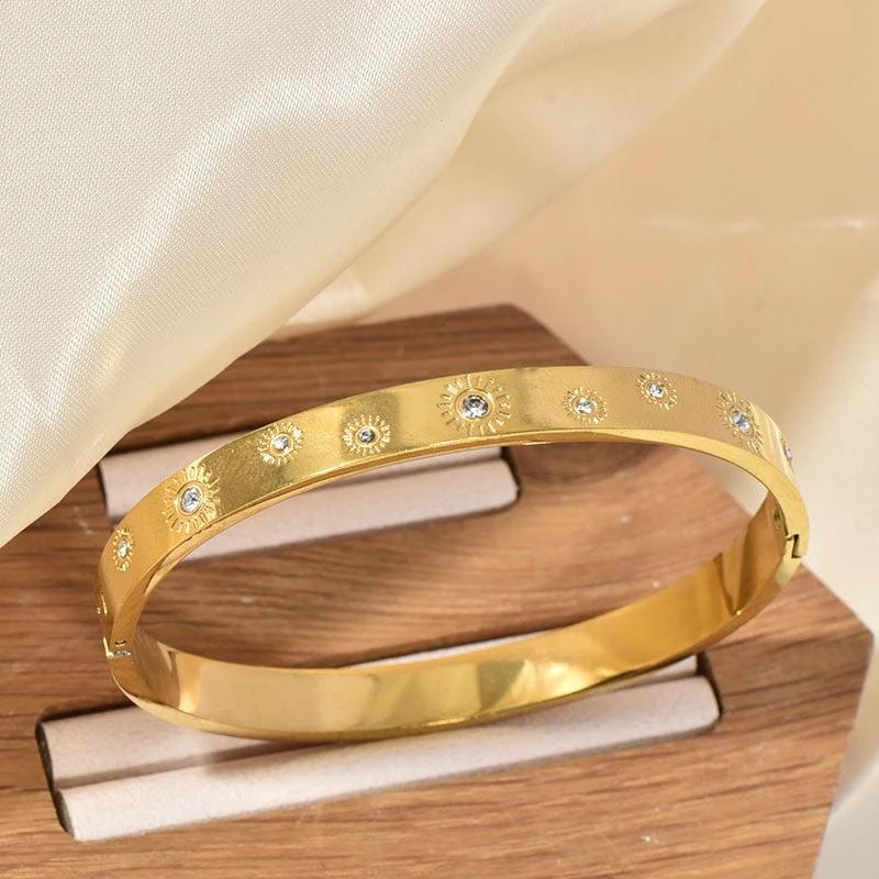 Retro Sunflower Diamond-Encrusted Bracelet Gold Polished Cuff by GJG Denim