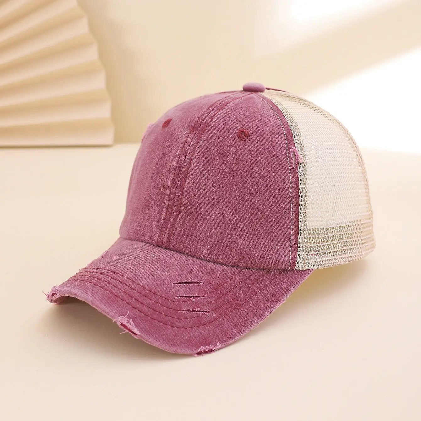 Solid-color, Frayed, Washed-out, Distressed, Mesh-patterned Cap - A Trendy, Youthful, Versatile Baseball Cap That Suits Both Daily Commuting And Outdoor Activities. by GJG Denim