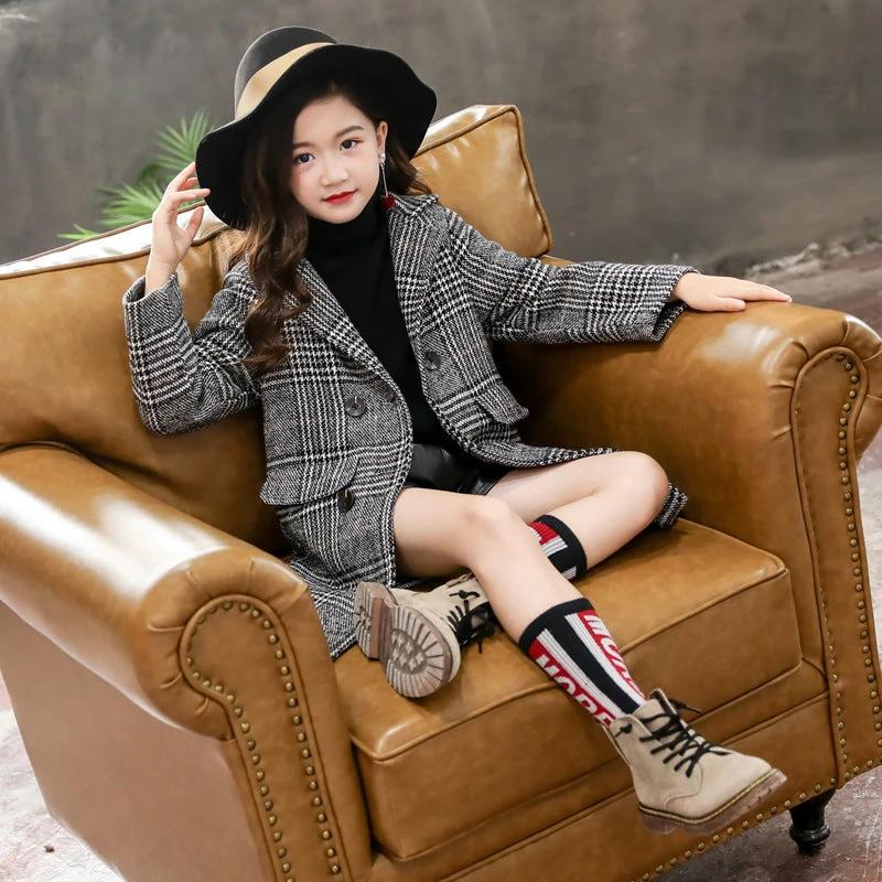 Gray plaid houndstooth coat for girls by GJG Denim