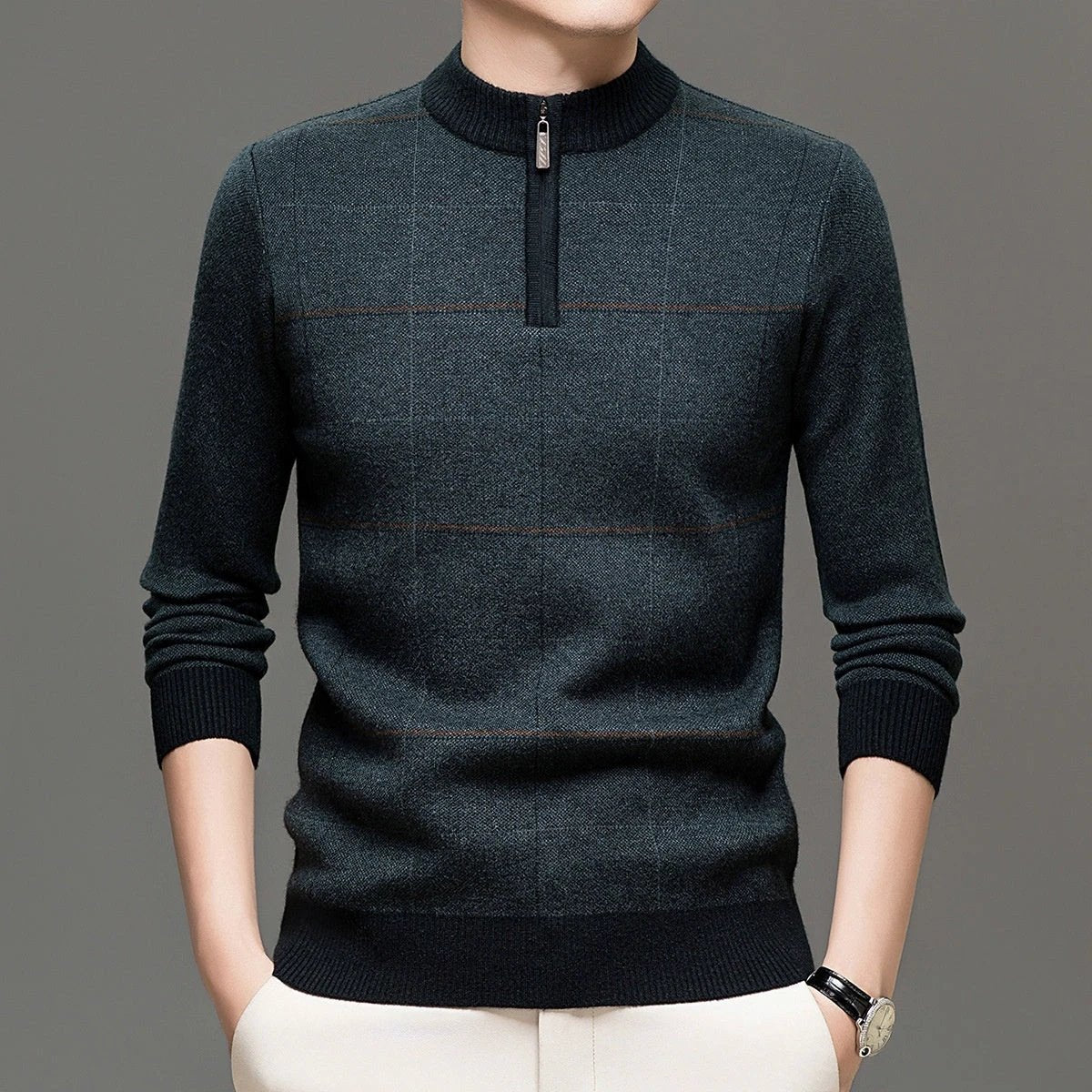 Men's Stylish Plaid Quarter-zip Knit Sweater by GJG Denim
