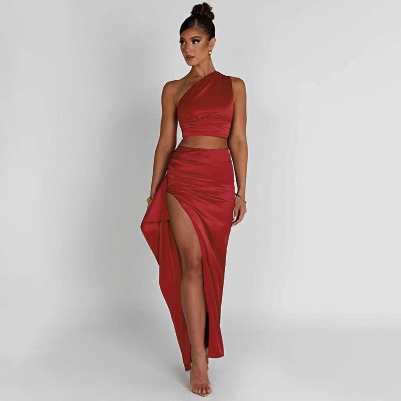 One-shoulder Satin Short Top High Waist Split Maxi Skirt by GJG Denim