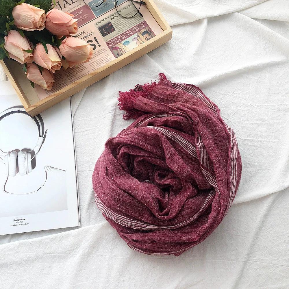 Thin Striped Solid Color Cotton And Linen Scarf by GJG Denim