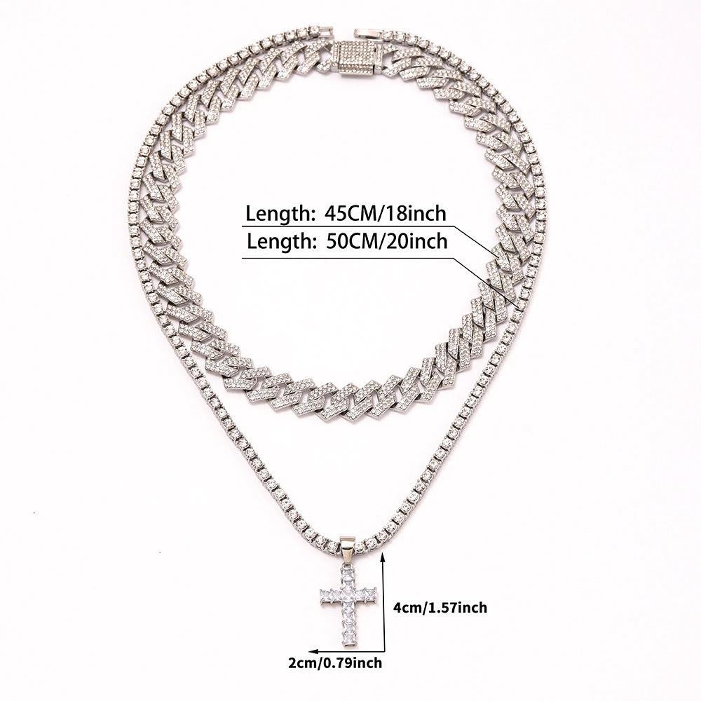 Men's Zircon Cross Pendant Cuban Chain Iced Out Paved Rhinestones Bling Necklaces by GJG Denim