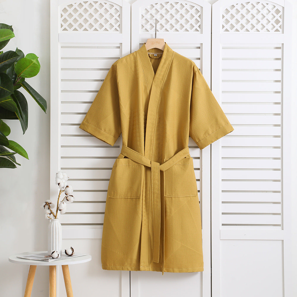 Cotton Single-layer Yarn Cropped Sleeves Mid-length Bathrobe by GJG Denim