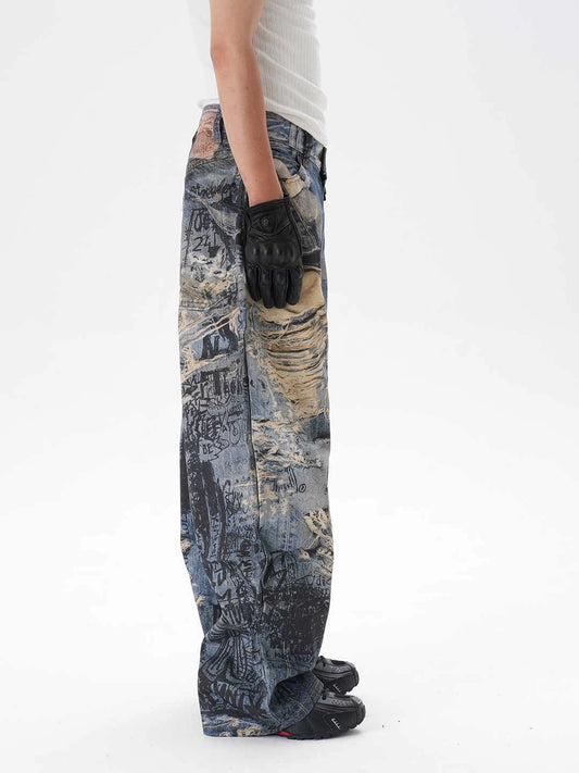 Men's Ripped Graffiti Straight Jeans by GJG Denim
