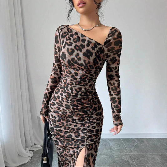 New Women's irregular V-Neck Long Sleeve Sexy Leopard Print Dress by GJG Denim