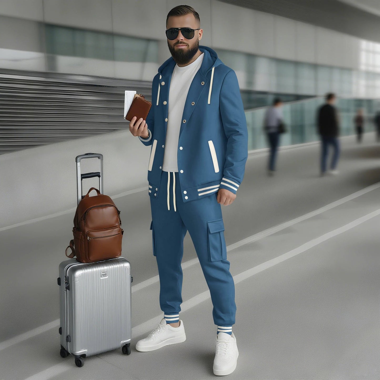 Men's Large Twill Hooded Baseball Jacket Cardigan Long Sleeve Pants Set by GJG Denim