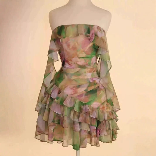 Chiffon Printed Ruffles Tube Dress by GJG Denim