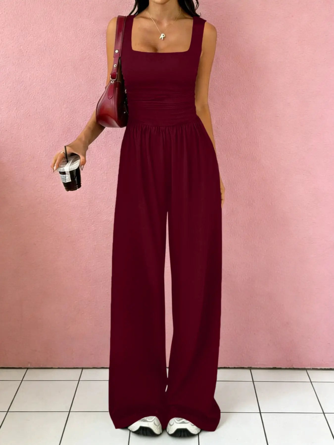 Solid-Color Sexy Tank Top Casual Wide-Leg Pants Two-Piece Set by GJG Denim