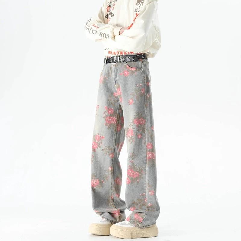 Men's Peony Jacquard Washed Loose Jeans by GJG Denim