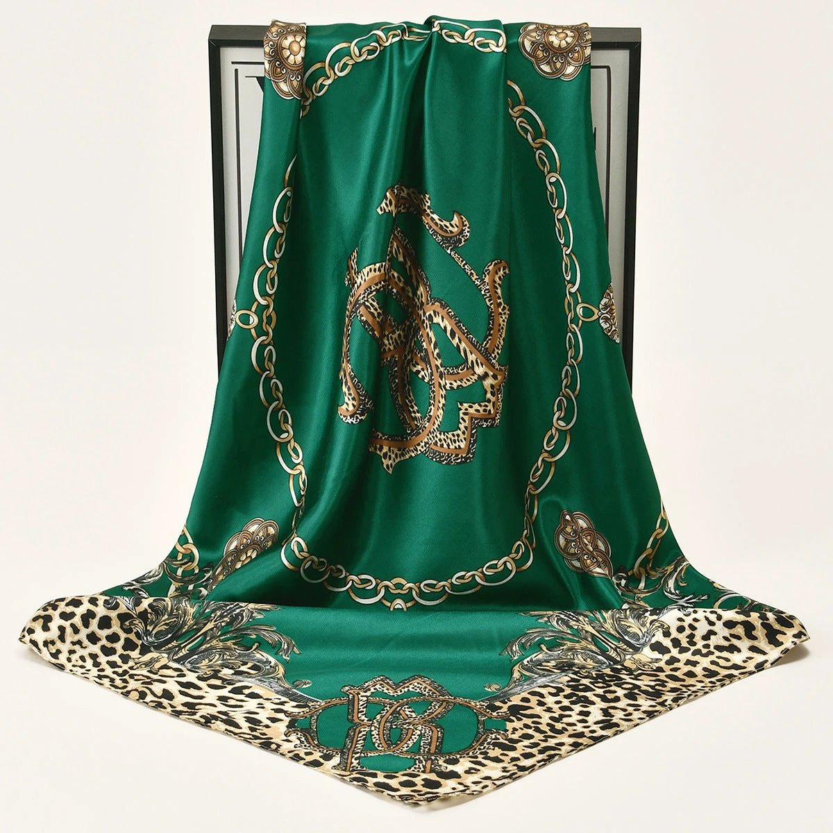 Leopard-print Chain Decorative Satin Scarf by GJG Denim