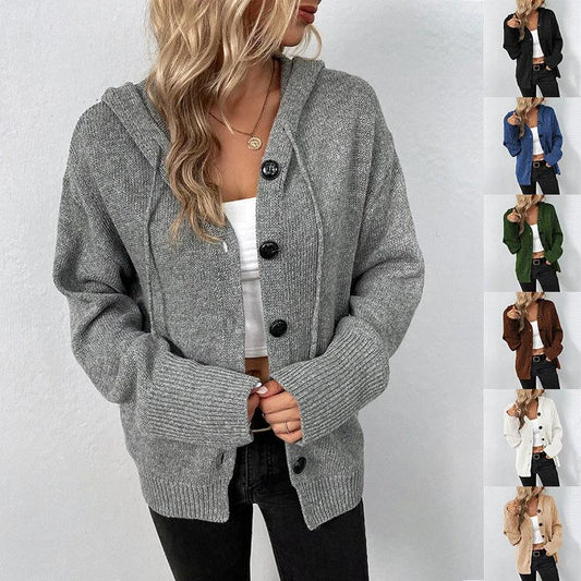 Single-breasted Hooded Sweater Women's Solid Color Cardigan Coat Clothing by GJG Denim