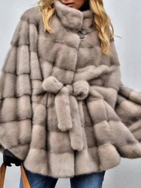 Solid Faux Fur Jacket Stand Collar Loose Belt by GJG Denim