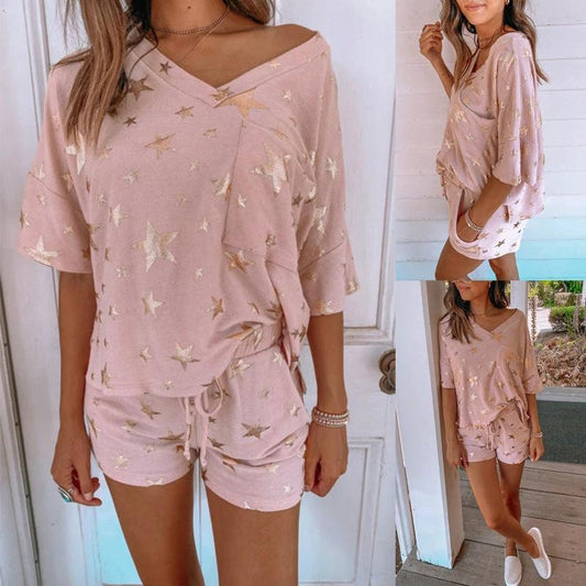 Five-Pointed Star Print Short-Sleeved Casual Home Wear Suit Pajamas Women by GJG Denim