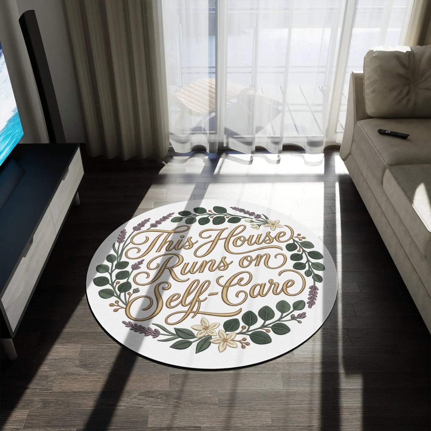 Round Rug — "This House Runs on Self-Care" Floral Wreath Décor Rug by Printify