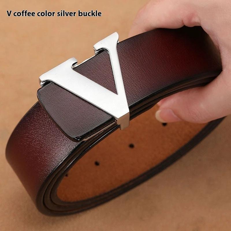 Men's Retro Smooth Genuine Leather Pure Cowhide Letter V Belts by GJG Denim