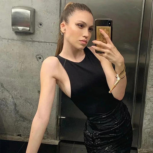 Monochrome Sexy One-shoulder Sleeveless Bodysuit by GJG Denim