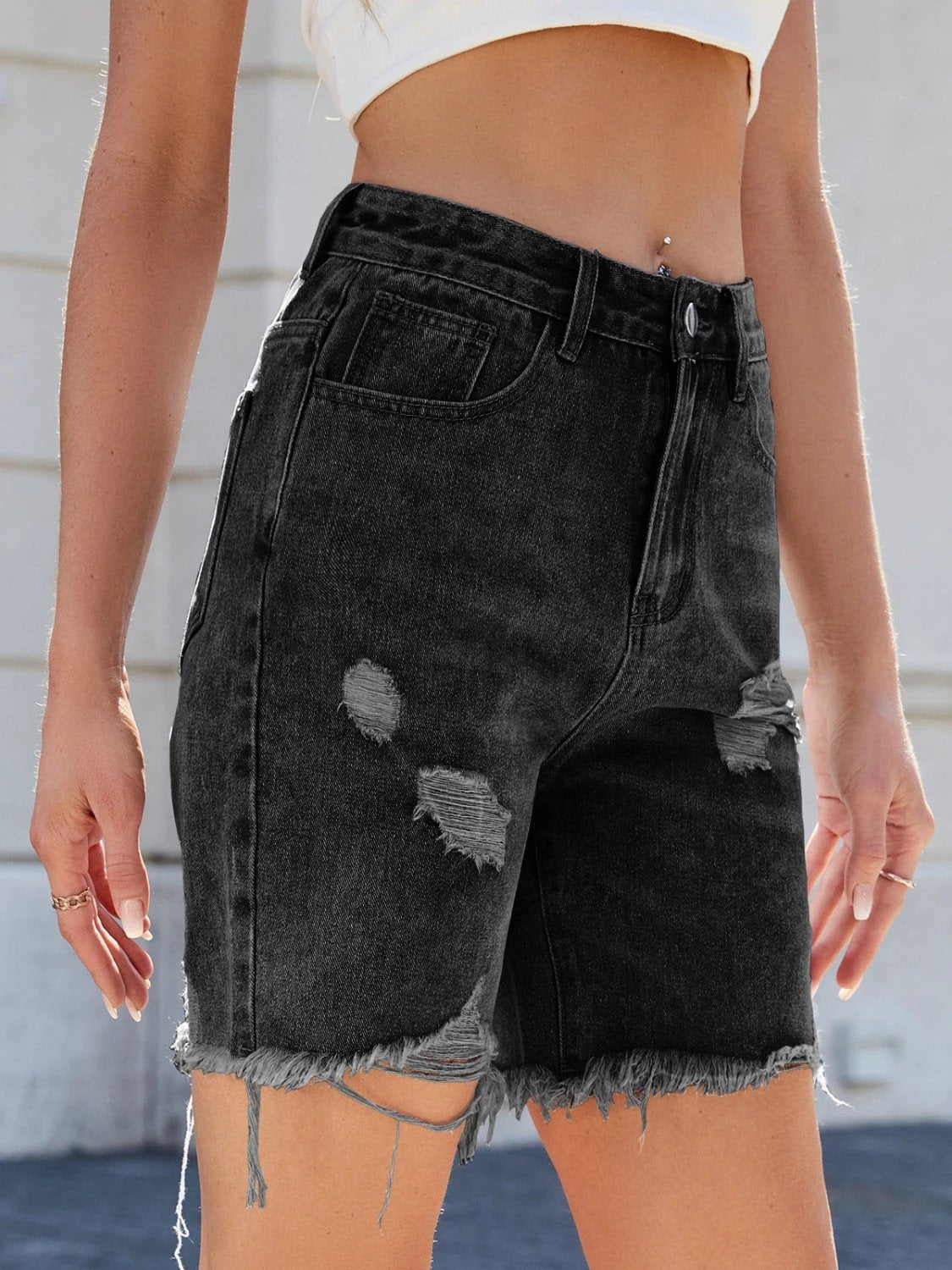 Distressed Raw Hem Denim Shorts by Lady Ros