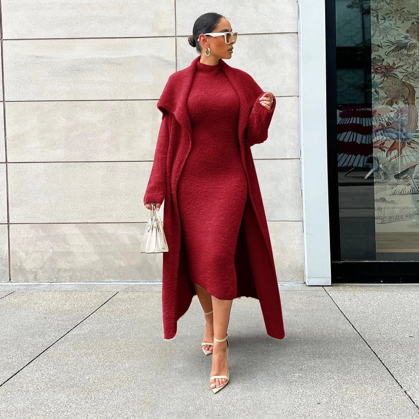 Autumn And Winter Elegant Dress Long Cardigan Velvet Two-piece Suit by GJG Denim
