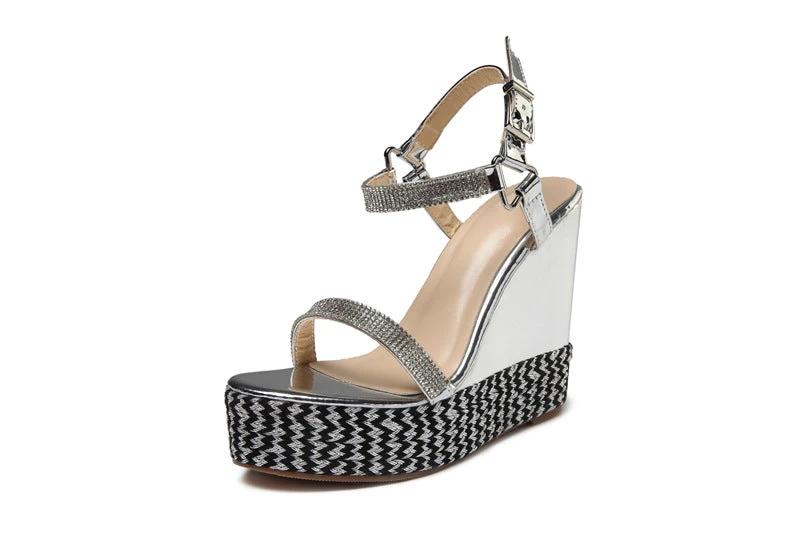 Rhinestone word buckle wedge heeled sandals by GJG Denim