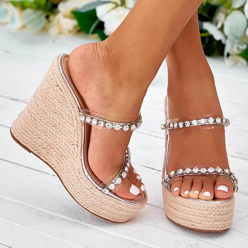 Women's Rhinestone Strap Hemp Muffin Platform Wedge Sandals by GJG Denim