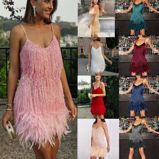 Sexy Tassel Sequins Feather Summer Mini Dress Women V Neck Spaghetti Strap Stitching Dresses Female Elegant Evening Party Club Dress by GJG Denim