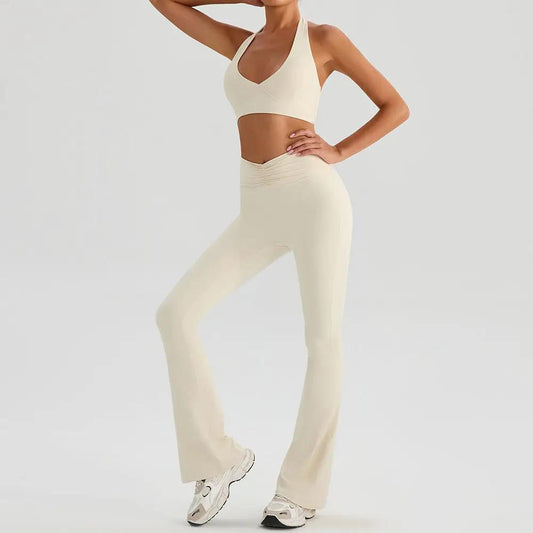 Yoga Sports Halter Bra And Tennis Skirt Two-Piece Set Outdoor Running Fitness Outfit Long And Short Pants Set by GJG Denim